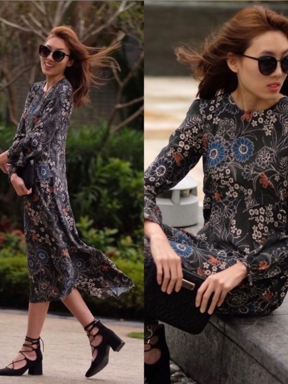 Zara Dark Green Floral Long-Sleeve Midi Dress with Blue and Rust Accents